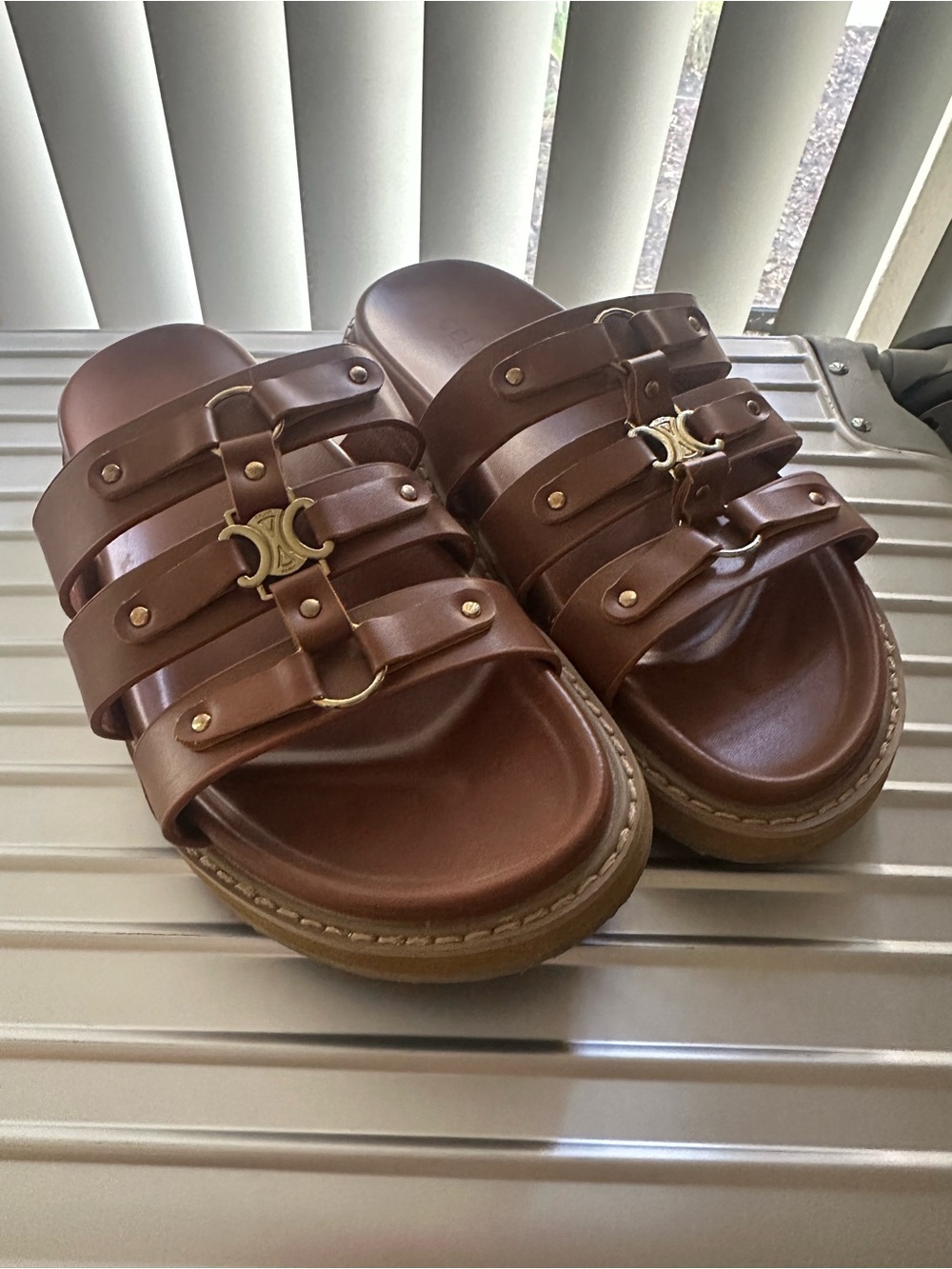 Brown Triple-Strap Slide Sandals with Gold Accent